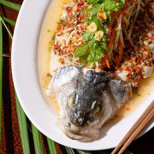 Whole steamed seabass